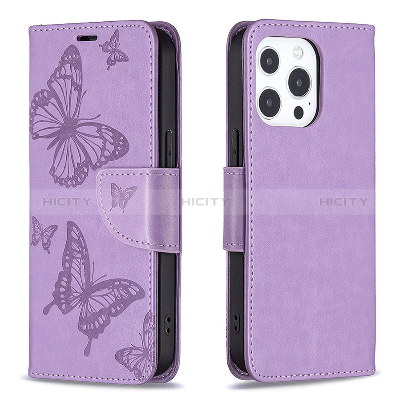 Coque Portefeuille Papillon Livre Cuir Etui Clapet L09 pour Apple iPhone 14 Pro Max Violet Plus