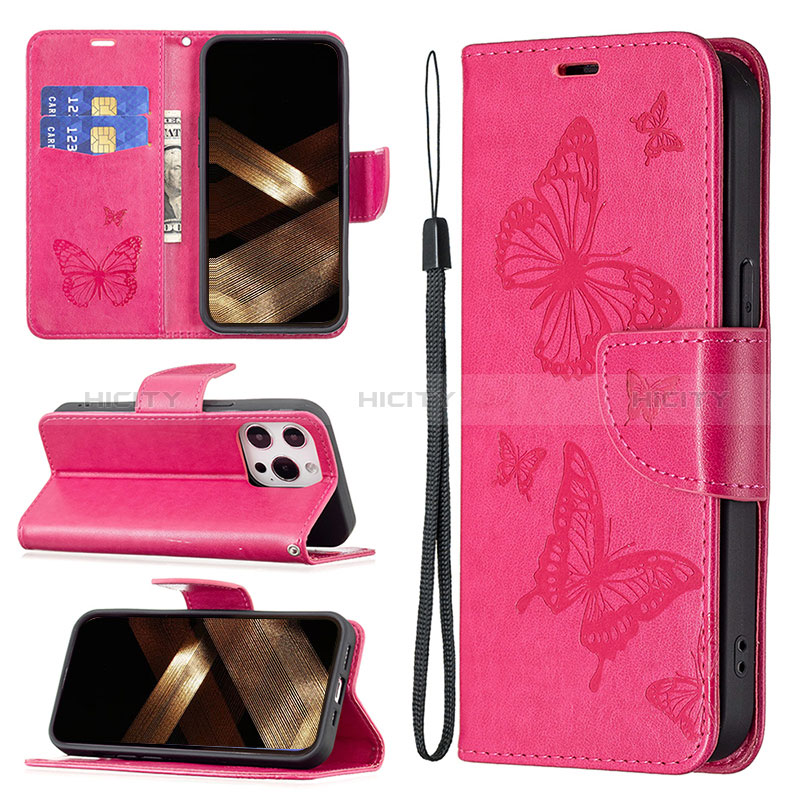 Coque Portefeuille Papillon Livre Cuir Etui Clapet L09 pour Apple iPhone 14 Pro Rose Rouge Plus