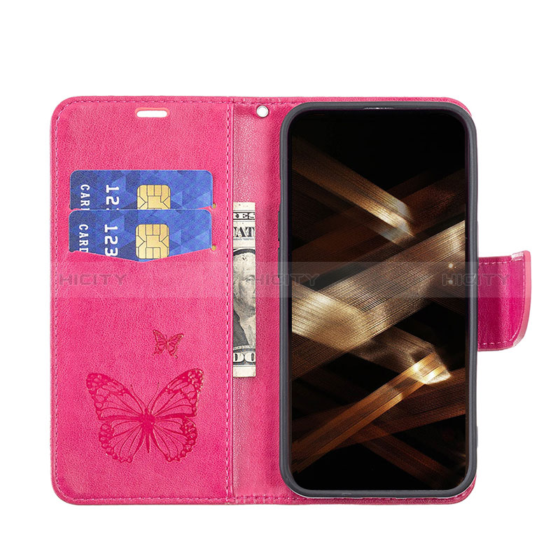 Coque Portefeuille Papillon Livre Cuir Etui Clapet L09 pour Apple iPhone 14 Pro Rose Rouge Plus