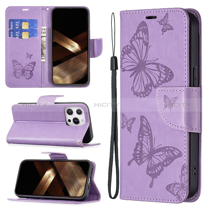 Coque Portefeuille Papillon Livre Cuir Etui Clapet L09 pour Apple iPhone 14 Pro Violet Plus
