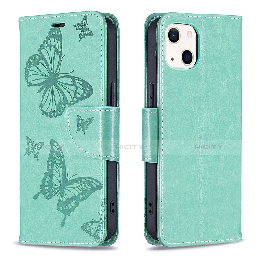 Coque Portefeuille Papillon Livre Cuir Etui Clapet L09 pour Apple iPhone 14 Vert Plus