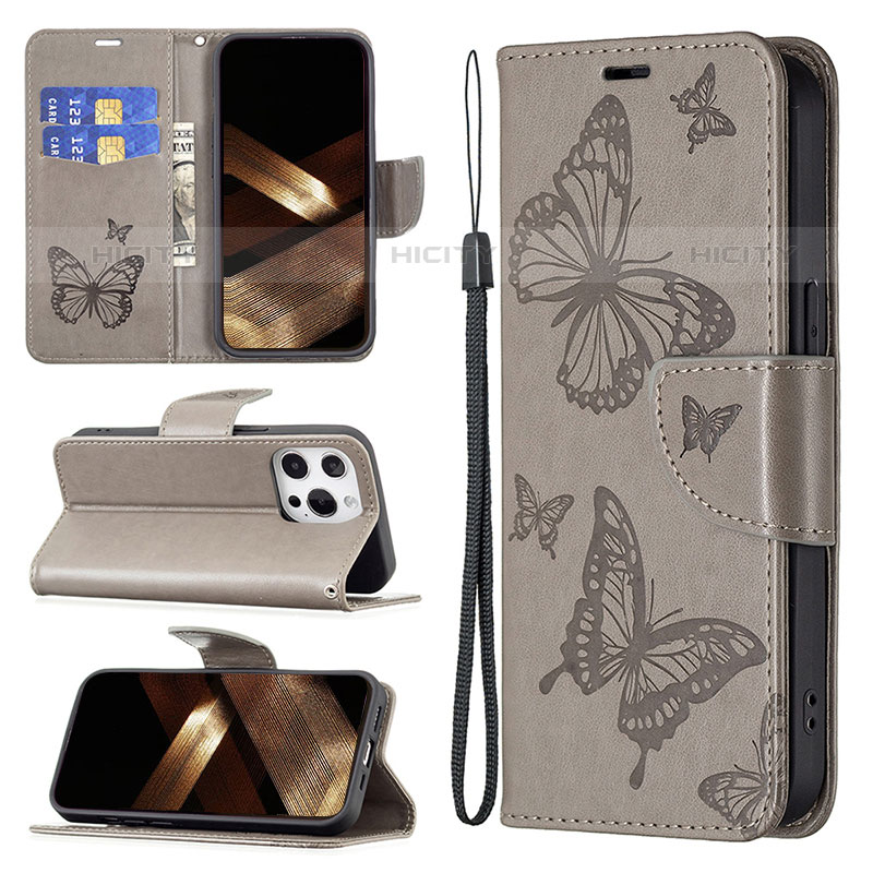 Coque Portefeuille Papillon Livre Cuir Etui Clapet L09 pour Apple iPhone 15 Pro Max Gris Fonce Plus