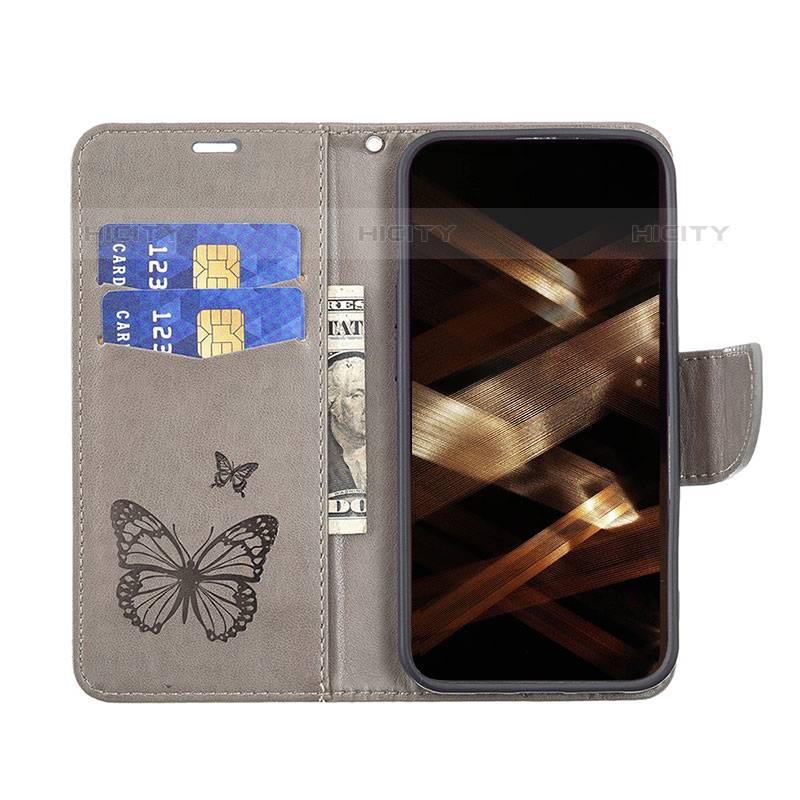 Coque Portefeuille Papillon Livre Cuir Etui Clapet L09 pour Apple iPhone 15 Pro Max Gris Fonce Plus