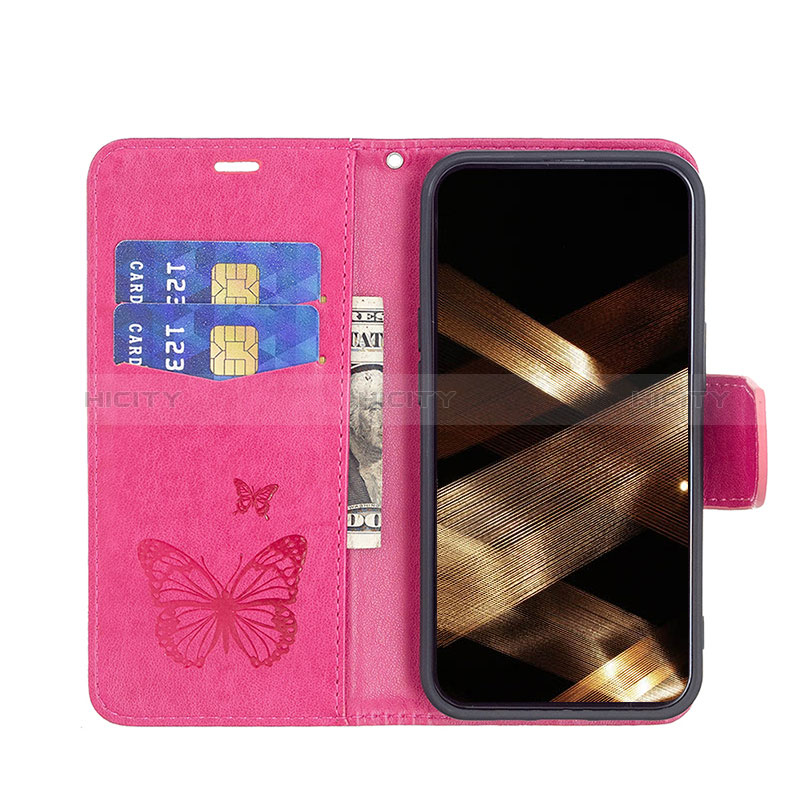 Coque Portefeuille Papillon Livre Cuir Etui Clapet L09 pour Apple iPhone 15 Rose Rouge Plus