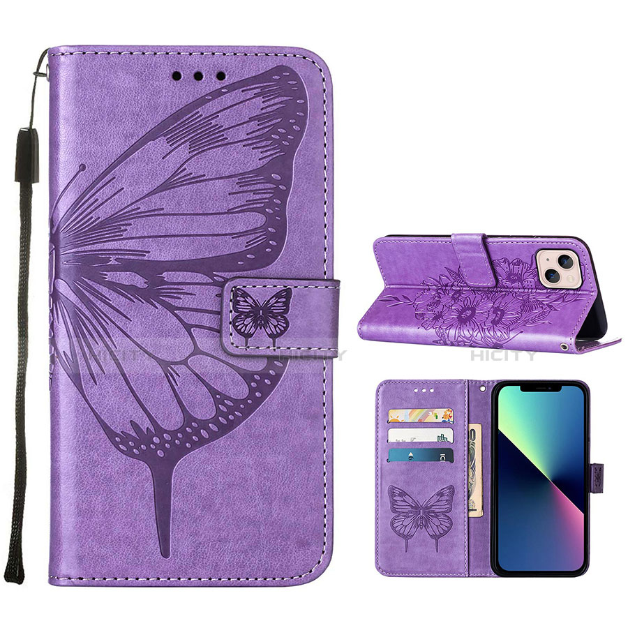 Coque Portefeuille Papillon Livre Cuir Etui Clapet L10 pour Apple iPhone 13 Violet Clair Plus