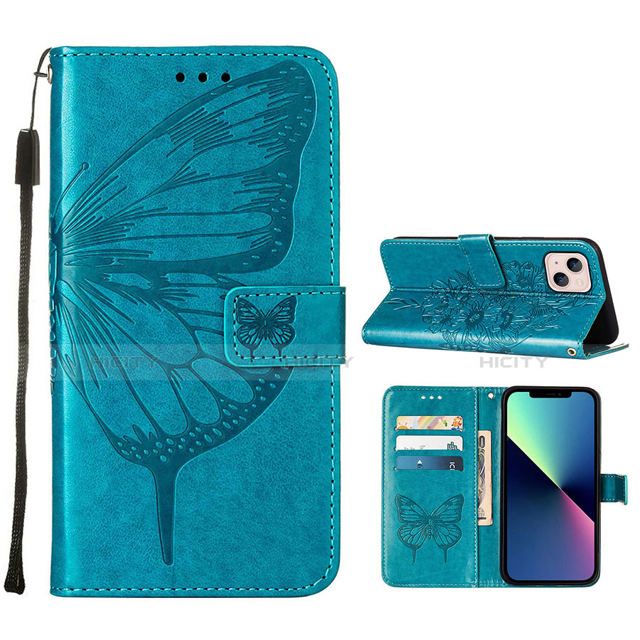 Coque Portefeuille Papillon Livre Cuir Etui Clapet L10 pour Apple iPhone 14 Plus Bleu Plus