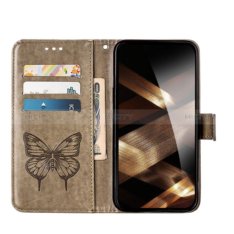 Coque Portefeuille Papillon Livre Cuir Etui Clapet L10 pour Apple iPhone 15 Gris Fonce Plus