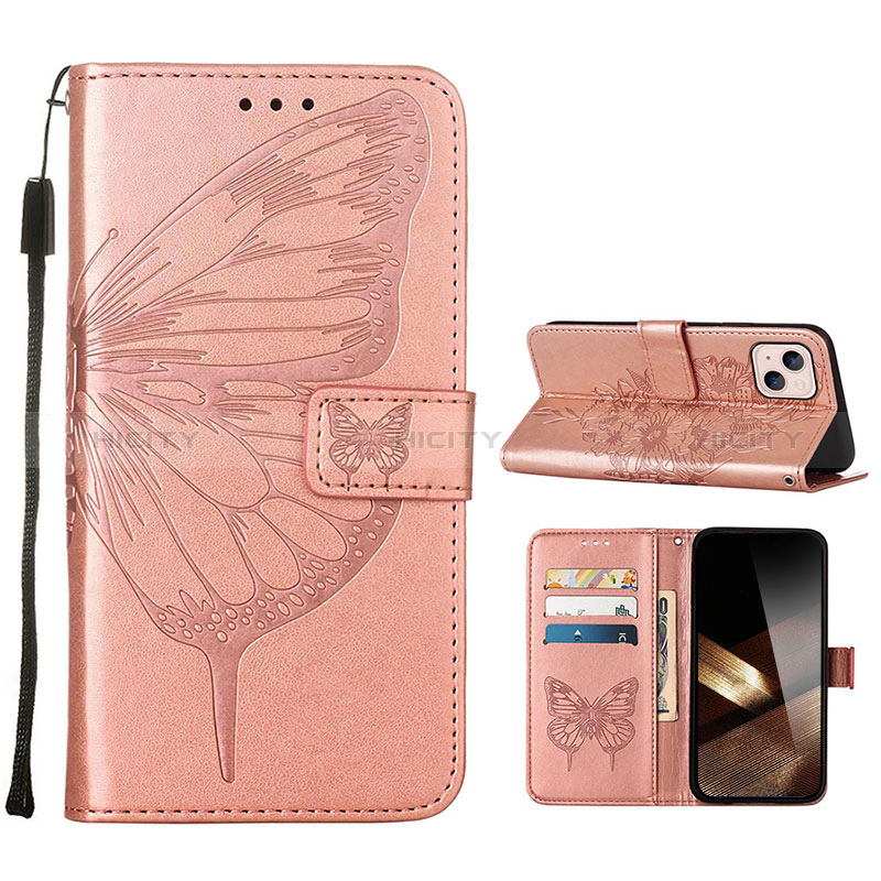 Coque Portefeuille Papillon Livre Cuir Etui Clapet L10 pour Apple iPhone 15 Plus Or Rose Plus