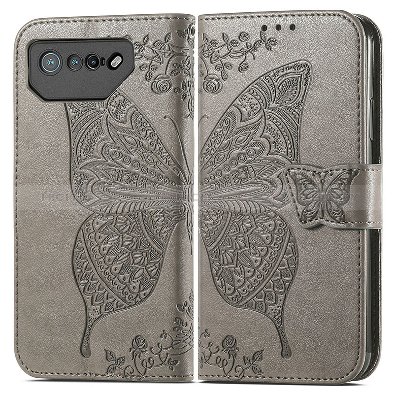 Coque Portefeuille Papillon Livre Cuir Etui Clapet pour Asus ROG Phone 7 Ultimate Gris Plus