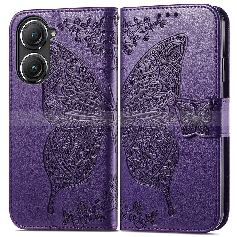 Coque Portefeuille Papillon Livre Cuir Etui Clapet pour Asus Zenfone 9 Violet Plus