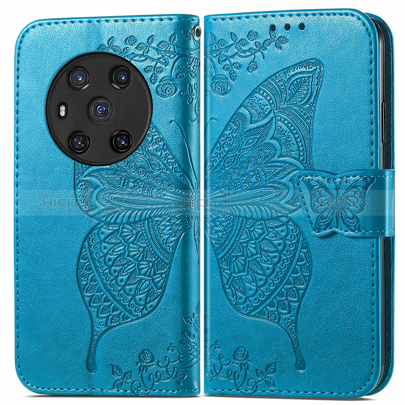Coque Portefeuille Papillon Livre Cuir Etui Clapet pour Huawei Honor Magic3 5G Bleu Plus