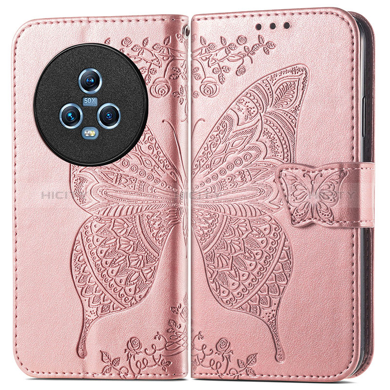 Coque Portefeuille Papillon Livre Cuir Etui Clapet pour Huawei Honor Magic5 5G Or Rose Plus