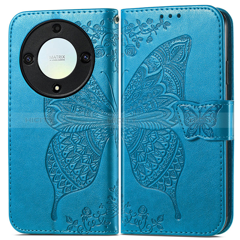 Coque Portefeuille Papillon Livre Cuir Etui Clapet pour Huawei Honor Magic5 Lite 5G Bleu Plus