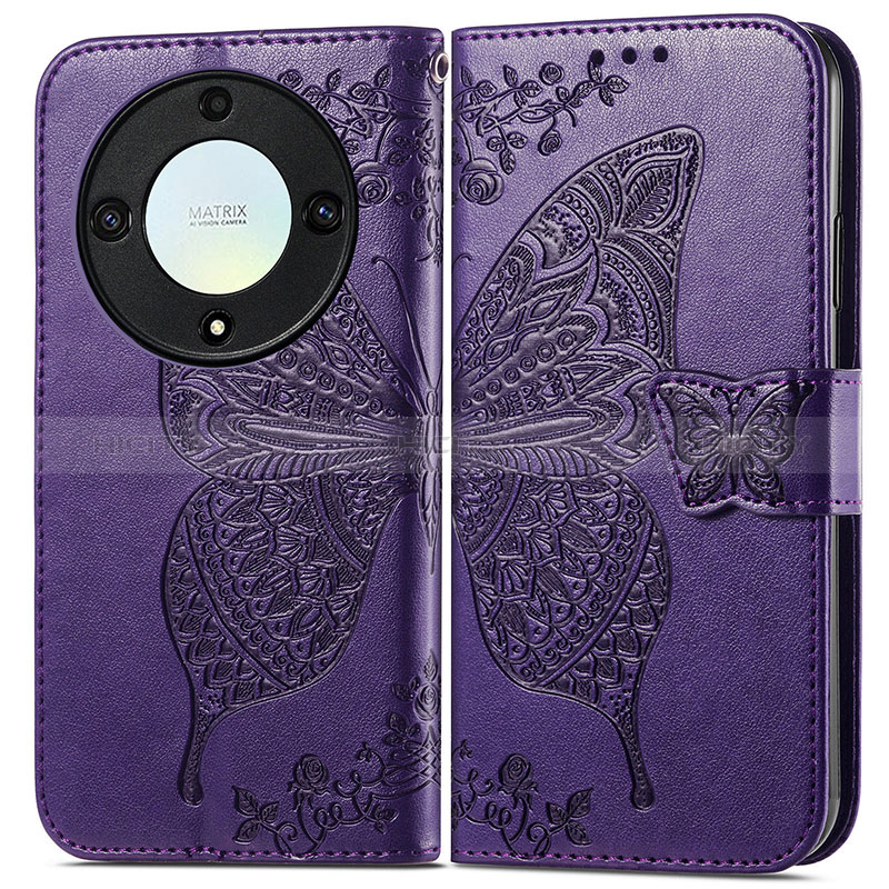 Coque Portefeuille Papillon Livre Cuir Etui Clapet pour Huawei Honor Magic5 Lite 5G Violet Plus