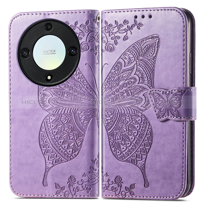 Coque Portefeuille Papillon Livre Cuir Etui Clapet pour Huawei Honor Magic5 Lite 5G Violet Clair Plus