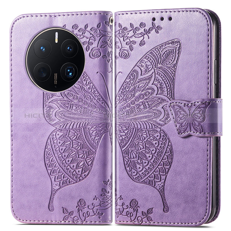 Coque Portefeuille Papillon Livre Cuir Etui Clapet pour Huawei Mate 50 Pro Violet Clair Plus