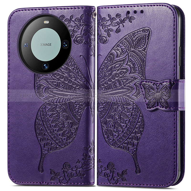 Coque Portefeuille Papillon Livre Cuir Etui Clapet pour Huawei Mate 60 Pro Violet Plus
