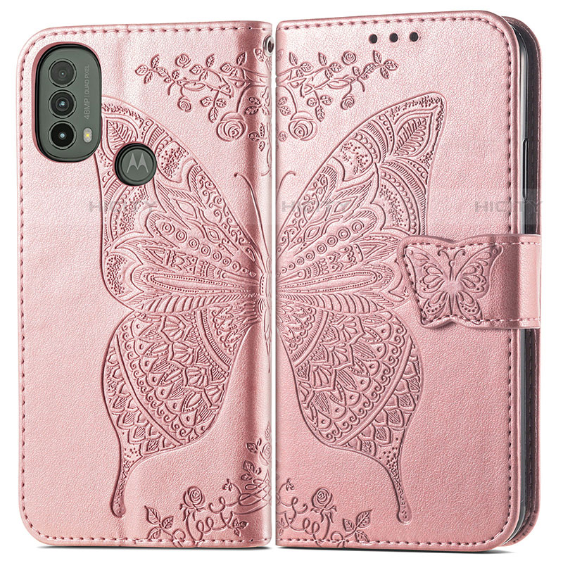 Coque Portefeuille Papillon Livre Cuir Etui Clapet pour Motorola Moto E20 Rose Plus