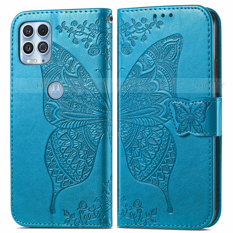 Coque Portefeuille Papillon Livre Cuir Etui Clapet pour Motorola Moto Edge S 5G Bleu Plus