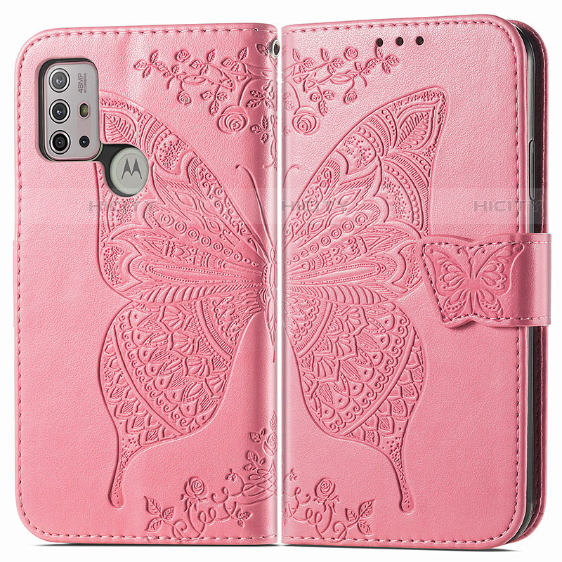 Coque Portefeuille Papillon Livre Cuir Etui Clapet pour Motorola Moto G10 Rose Rouge Plus