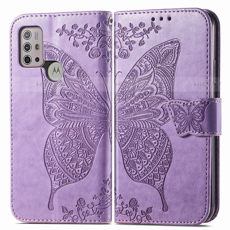 Coque Portefeuille Papillon Livre Cuir Etui Clapet pour Motorola Moto G10 Violet Clair Plus
