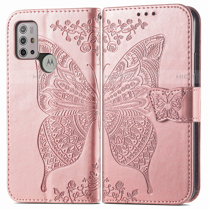 Coque Portefeuille Papillon Livre Cuir Etui Clapet pour Motorola Moto G20 Rose Plus
