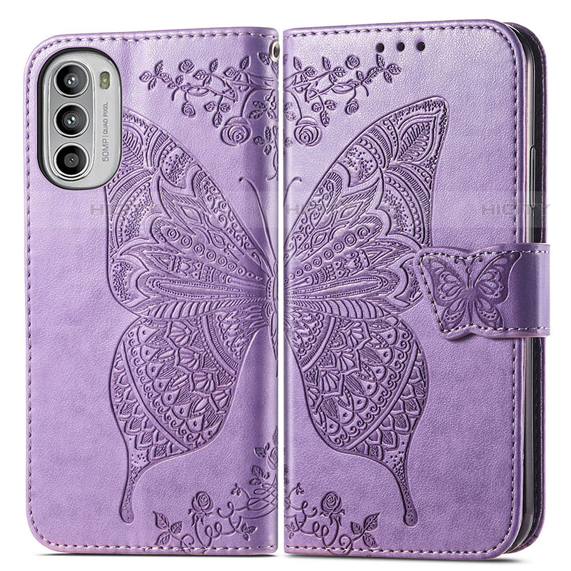 Coque Portefeuille Papillon Livre Cuir Etui Clapet pour Motorola Moto G52j 5G Violet Clair Plus