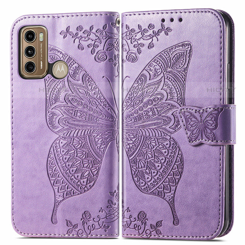 Coque Portefeuille Papillon Livre Cuir Etui Clapet pour Motorola Moto G60 Violet Clair Plus