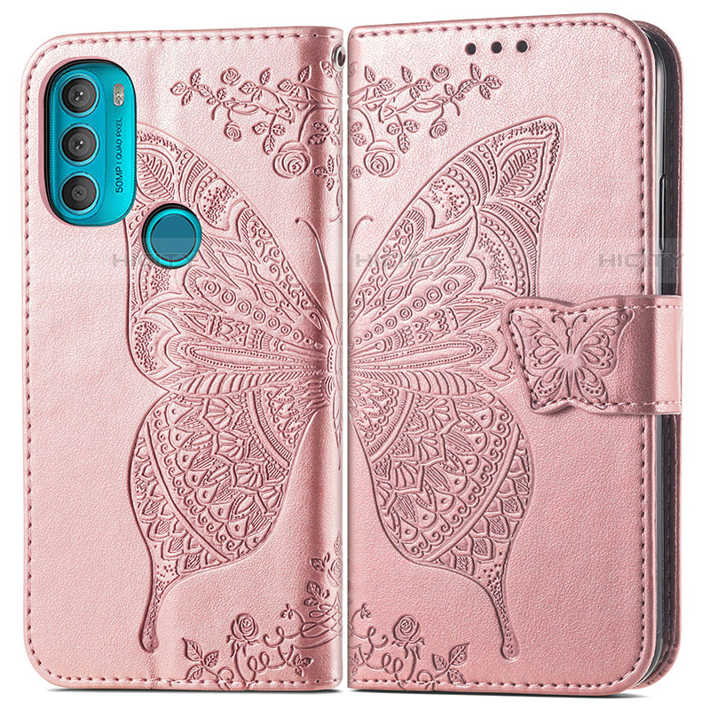 Coque Portefeuille Papillon Livre Cuir Etui Clapet pour Motorola Moto G71 5G Rose Plus