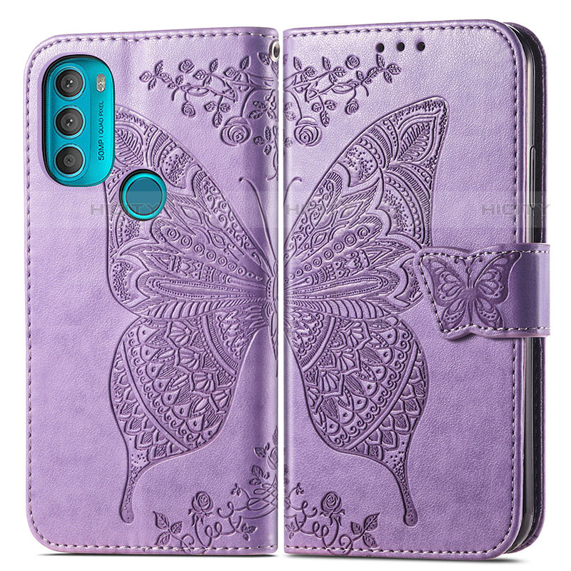 Coque Portefeuille Papillon Livre Cuir Etui Clapet pour Motorola Moto G71 5G Violet Clair Plus
