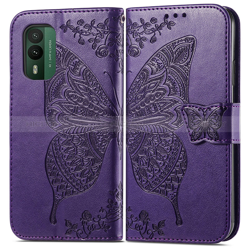Coque Portefeuille Papillon Livre Cuir Etui Clapet pour Nokia XR21 Violet Plus