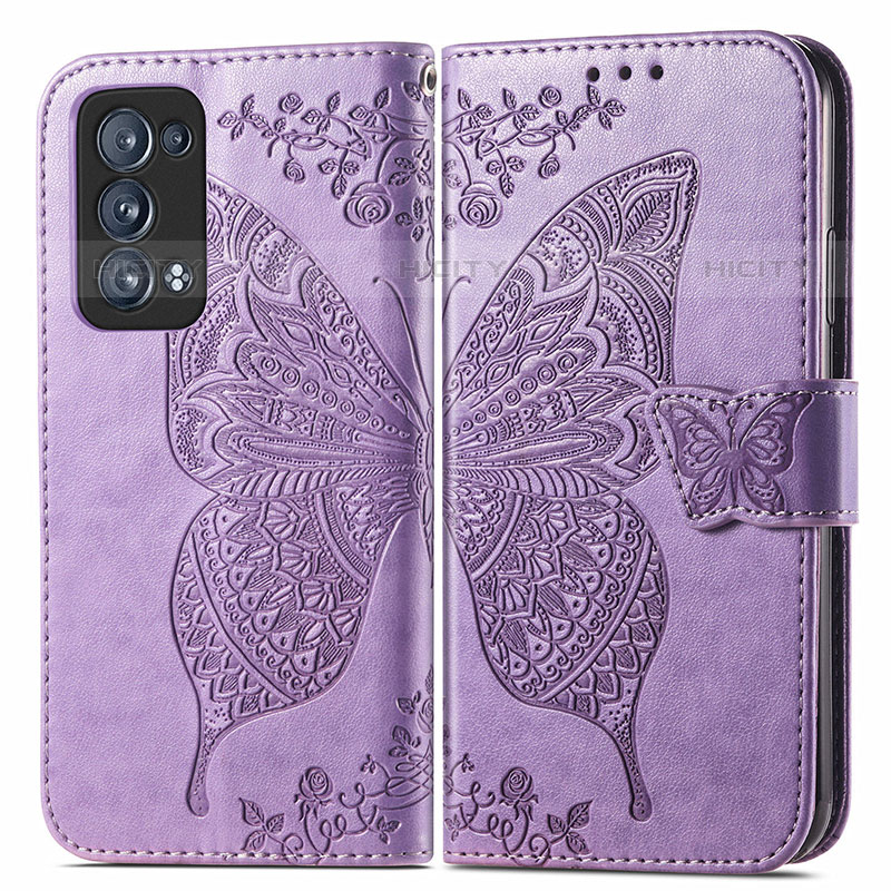 Coque Portefeuille Papillon Livre Cuir Etui Clapet pour Oppo Reno6 Pro 5G Violet Clair Plus