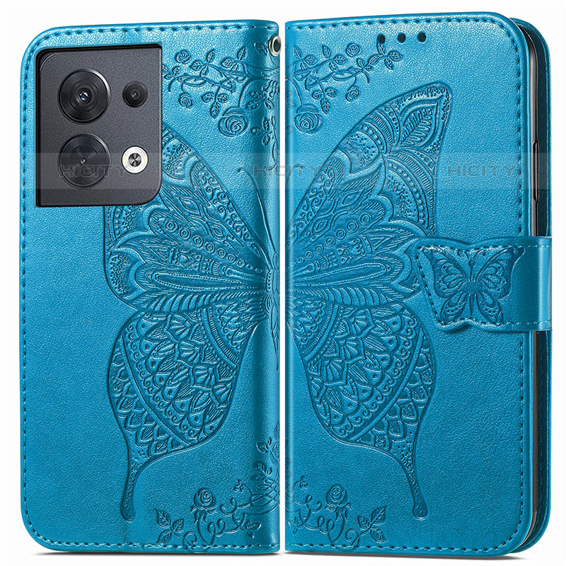 Coque Portefeuille Papillon Livre Cuir Etui Clapet pour Oppo Reno9 Pro 5G Bleu Plus