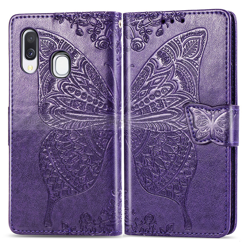 Coque Portefeuille Papillon Livre Cuir Etui Clapet pour Samsung Galaxy A40 Violet Plus