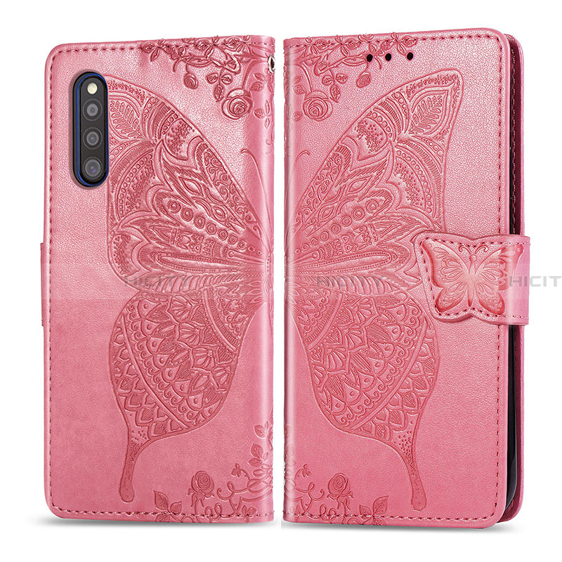 Coque Portefeuille Papillon Livre Cuir Etui Clapet pour Samsung Galaxy A41 SC-41A Rose Rouge Plus