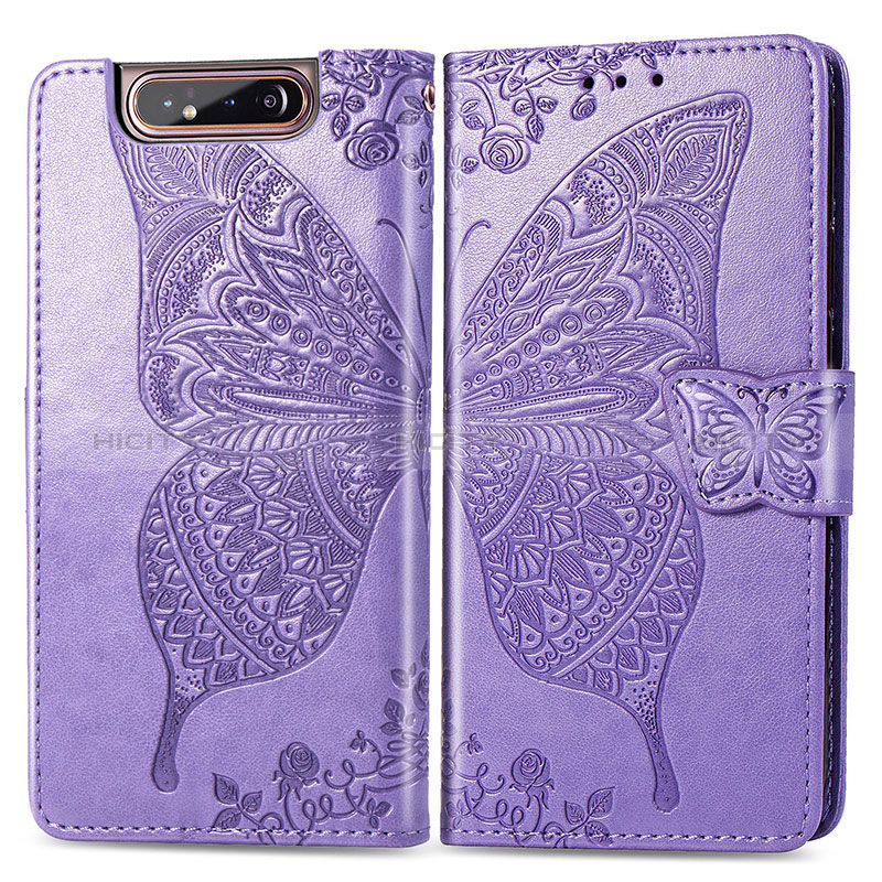 Coque Portefeuille Papillon Livre Cuir Etui Clapet pour Samsung Galaxy A80 Violet Clair Plus
