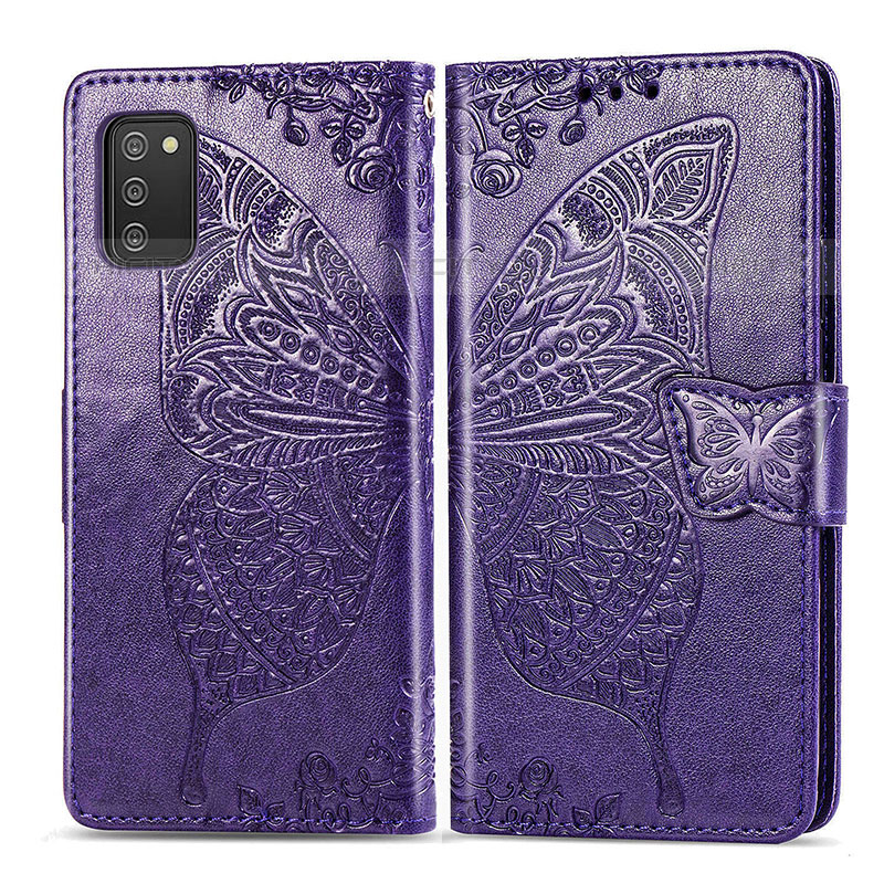 Coque Portefeuille Papillon Livre Cuir Etui Clapet pour Samsung Galaxy M02s Violet Plus