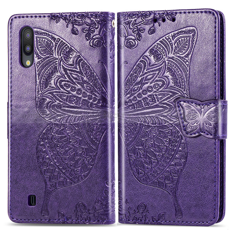 Coque Portefeuille Papillon Livre Cuir Etui Clapet pour Samsung Galaxy M10 Violet Plus
