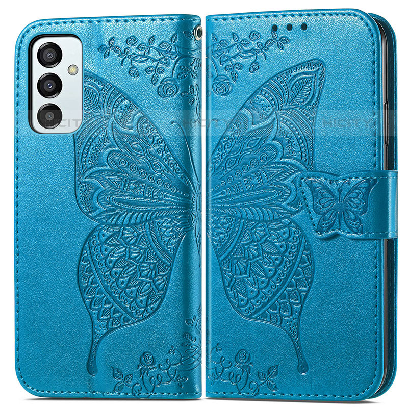 Coque Portefeuille Papillon Livre Cuir Etui Clapet pour Samsung Galaxy M23 5G Bleu Plus
