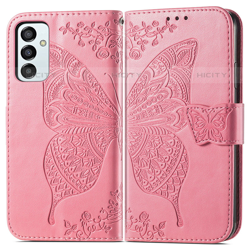 Coque Portefeuille Papillon Livre Cuir Etui Clapet pour Samsung Galaxy M23 5G Rose Rouge Plus