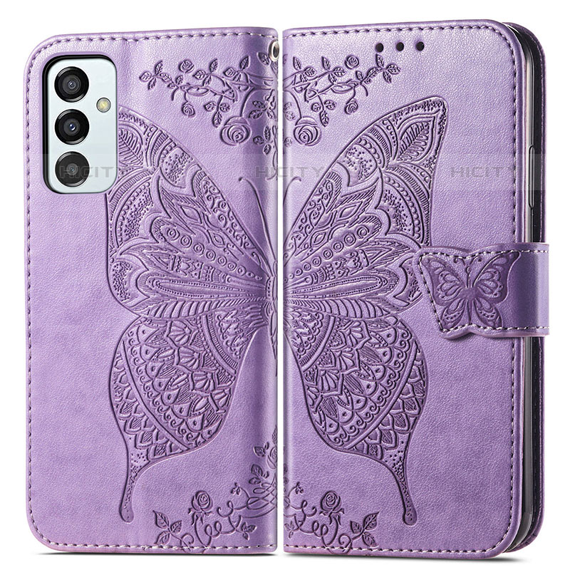 Coque Portefeuille Papillon Livre Cuir Etui Clapet pour Samsung Galaxy M23 5G Violet Clair Plus