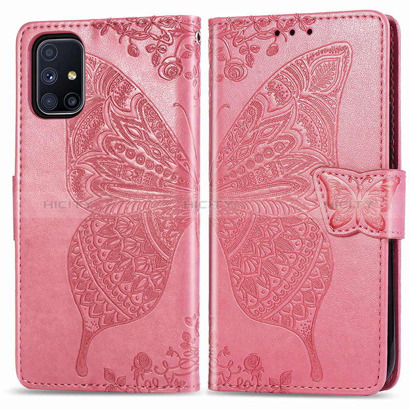 Coque Portefeuille Papillon Livre Cuir Etui Clapet pour Samsung Galaxy M51 Rose Rouge Plus