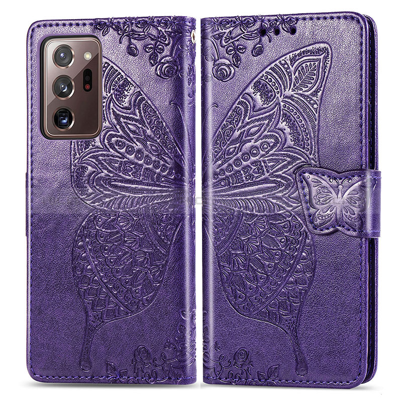 Coque Portefeuille Papillon Livre Cuir Etui Clapet pour Samsung Galaxy Note 20 Ultra 5G Violet Plus