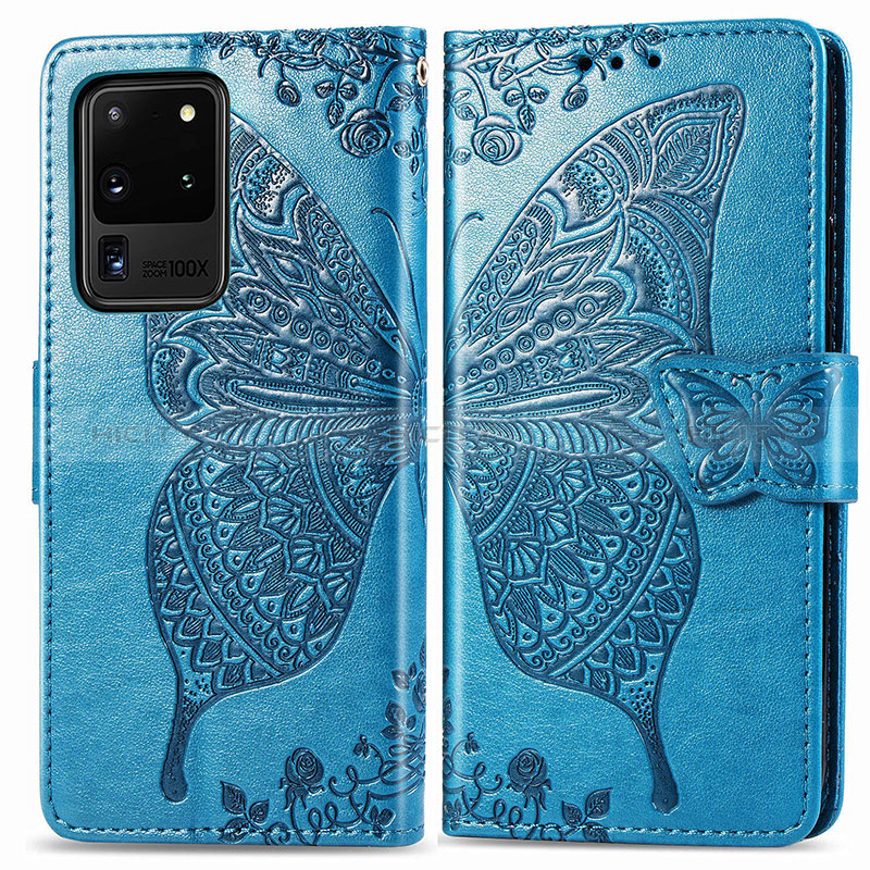 Coque Portefeuille Papillon Livre Cuir Etui Clapet pour Samsung Galaxy S20 Ultra 5G Bleu Plus