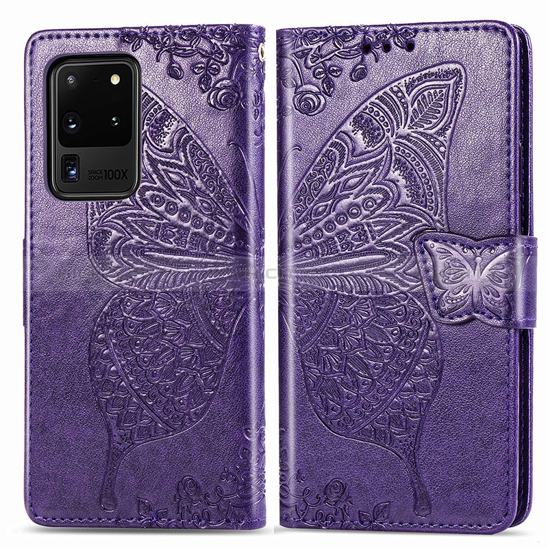 Coque Portefeuille Papillon Livre Cuir Etui Clapet pour Samsung Galaxy S20 Ultra 5G Violet Plus