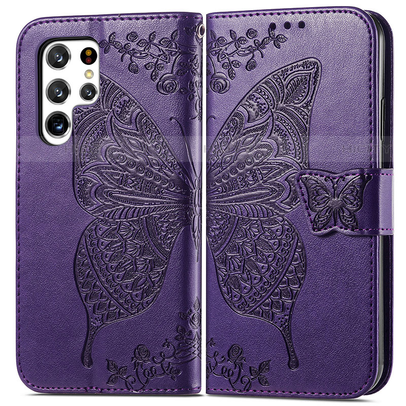 Coque Portefeuille Papillon Livre Cuir Etui Clapet pour Samsung Galaxy S21 Ultra 5G Violet Plus
