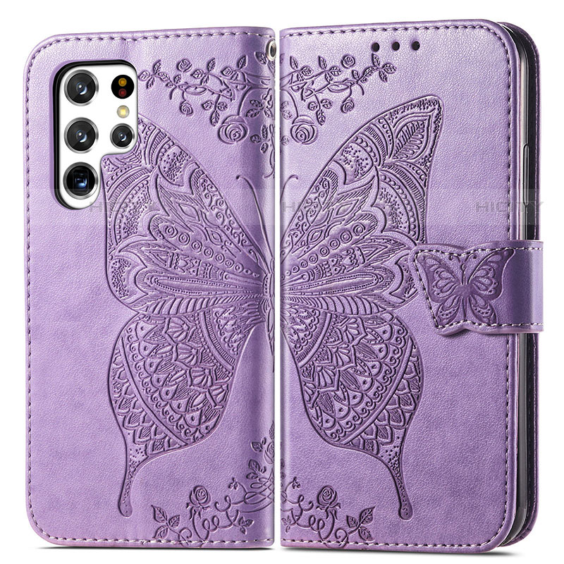 Coque Portefeuille Papillon Livre Cuir Etui Clapet pour Samsung Galaxy S21 Ultra 5G Violet Clair Plus