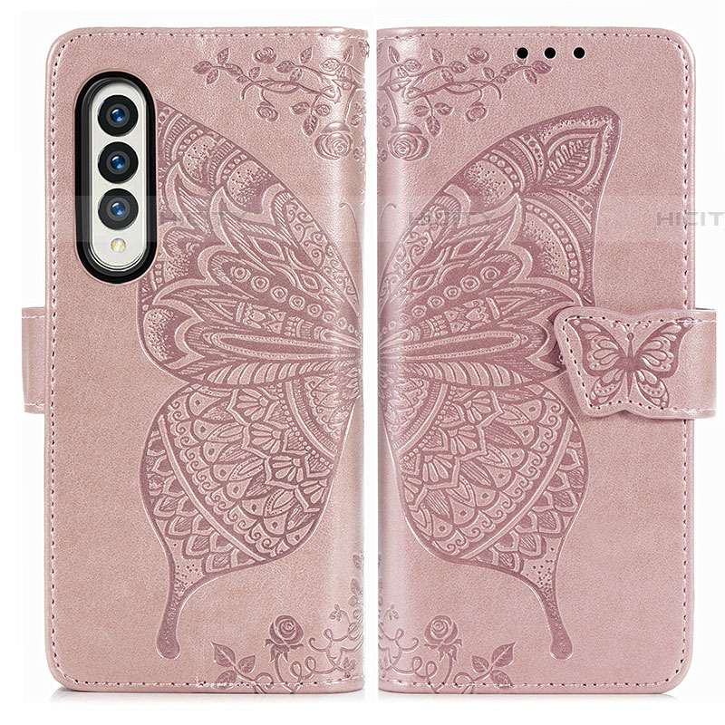 Coque Portefeuille Papillon Livre Cuir Etui Clapet pour Samsung Galaxy Z Fold4 5G Rose Plus