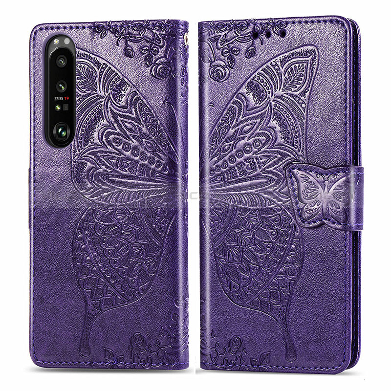 Coque Portefeuille Papillon Livre Cuir Etui Clapet pour Sony Xperia 1 III Violet Plus
