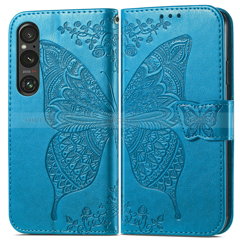 Coque Portefeuille Papillon Livre Cuir Etui Clapet pour Sony Xperia 1 V Bleu Plus